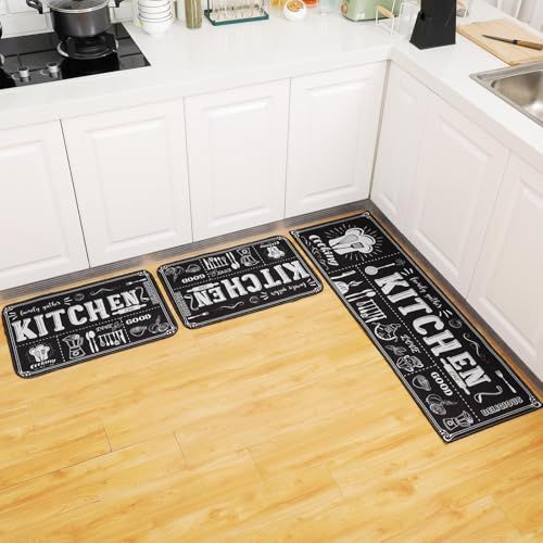 Sinmoe 3 Pcs Kitchen Rug Set Non Skid Thick Black Kitchen Rugs and Mats Stain Resistant Anti Fatigue Mats for Microfiber Floor Non Slip Backing Mat, 15.7 x 47.2, 15.7 x 23.6