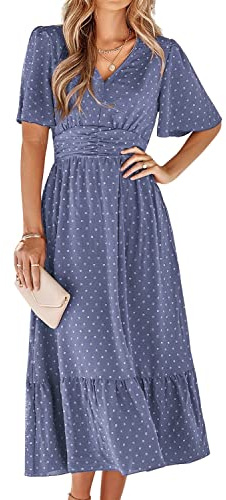 BebreezChic Vestido de verano para mujer, largo bohemio, elegante, manga corta, cuello de pico, cintura alta, punto suizo, fruncido, flores, vestido de playa, Azul y violeta., L