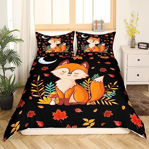 Fuchs Bettwäsche Set 135x200 für Jungen Mädchen Nette Tier Fuchs Bettbezug,Chic Natur Wildlife Fuchs Tröster Abdeckung Ahorn Blatt Druck Bettdecke Schöne Fuchs Dekor Bettwäsche Weiche Mikrofaser
