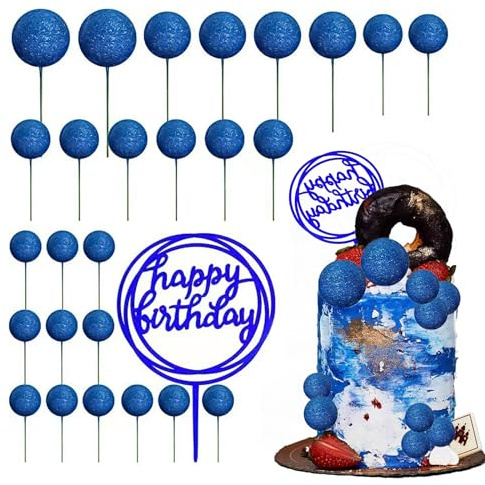 PMELCXD 27 Piezas Adornos para Tartas con Bolas de Espuma Azul, Mini Adornos para Tartas con Globos, Bolas para Magdalenas, para Fiesta de Cumpleaños de Baby Shower