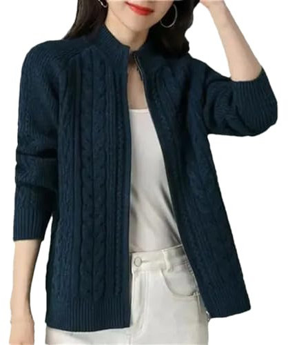 DBFBDTU Chaqueta de punto con cremallera de cuello medio alto para mujer, color sólido, manga larga, suéter grueso, azul vaquero, XL