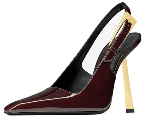YIYA Slingback Heels Pumps Shoes for Women with Buckle Strap Slip On Closed Pointed Toe Stiletto High Heel Wedding Party Casual Dress Backless Mules Sandal, Wine Red, 7 UK