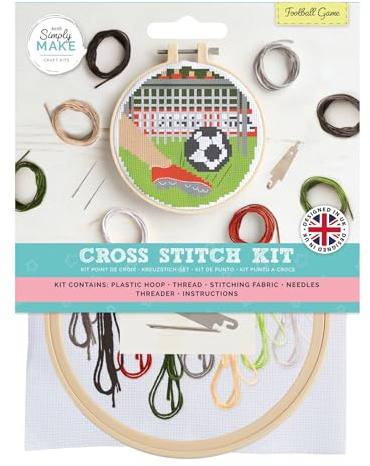 Simply MAKE Cross Stitch Kit Football Game Design, Kids & Adults, Hoop, Embroidery Thread, Adult Crafts, Beginners Craft Kit