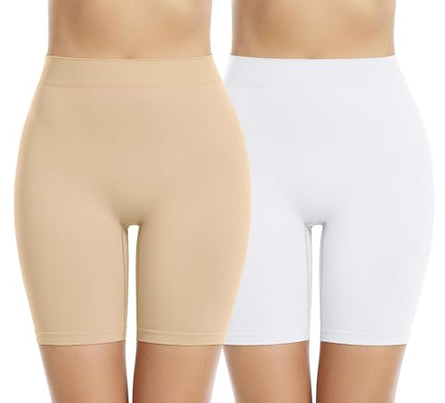 Memoryee 2 Pezzi Pantaloncini Sottogonna Donna Anti Sfregamento Elastiche Vita Alta Senza Boxer Shorts Leggings per Yoga e Ciclista/Beige/White-2Pack/S