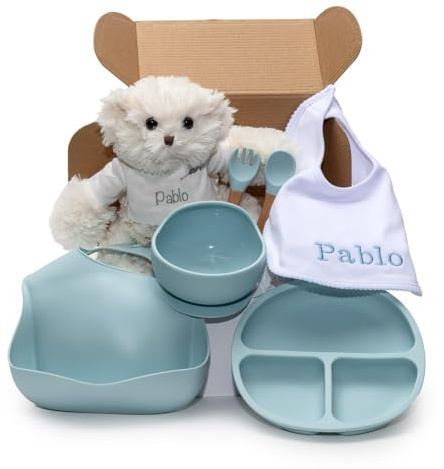 Regalo Ecológico Personalizado para Bebé | Set de Regalos para Niño/Niña | Vajilla de Silicona + Accesorios Personalizados (Azul | Vajilla + Babero + Oso) | BebeDeParis