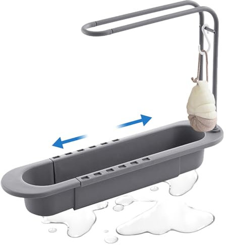 HEKOBAG Supporto Lavello Telescopico Scaffale per Lavello Telescopico con Portasciugamani Porta Spugne Lavello Cucina per Conservazione Spugna e Sapone per Cucina e Bagno (Grigio)