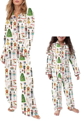 Pijamas de Navidad a juego con diseño de cascanueces de Papá Noel, para mujeres y niñas, conjunto de pijama de seda de Navidad, Marfil, L