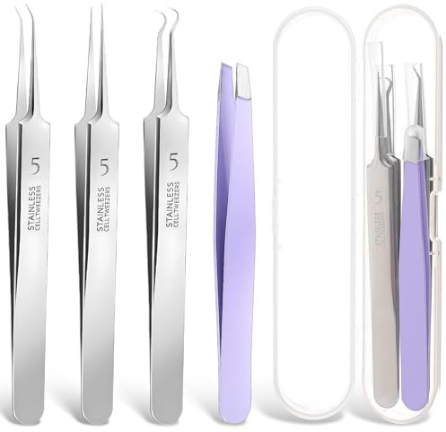 Nogeqi 4-Teilig Mitesser Pinzette Spitz, Edelstahl Tweezers Pickel Ausdrücken Werkzeug, Akne Pinzetten Set Mitesserentferner Gebogene und Gerade für Mitessern auf Nase und Gesicht Unisex (Silber)