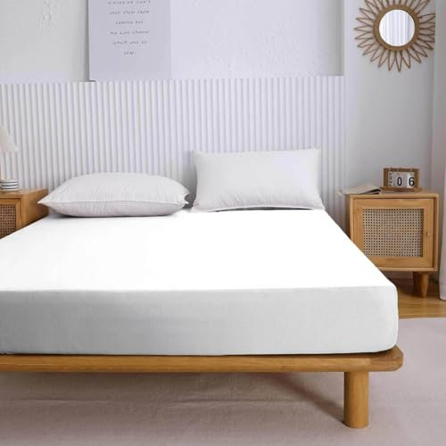 KnSam Bettlaken 150x200cm rutschfest, Spannbettlaken Topper Einfarbig Weiß Matratzenschutz, Polyester Spannbettuch Laken für Boxspringbett & Wasserbett