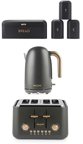Salter Pebble Kettle, Toaster & Countertop Set - 1.7L Fast Boil Electric Water Kettle, 4-Slice Toaster, 6 Browning Levels, Tea, Coffee, Sugar Canisters and Bread Bin, Carbon Steel Storage, Charcoal