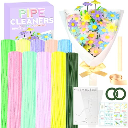 Scovolini Colorati per Lavoretti 9 Colori Assortiti Pipe Cleaner Kit Creare Fiori Steli di Ciniglia DIY Lavoretti Creativi per Bambini Adulti Bouquet Creativo Decorazioni Giocattoli Regali Margherita