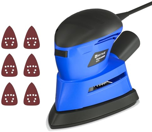 Electric Palm Detail Sander with Dust Collector, 6Pcs Sandpapers, 130W Powerful Detail Mouse Sander 12000RPM Orbital Hand Held Sanding Machine for Sanding/Polishing/Waxing Wood, Wall, Metal,Blue