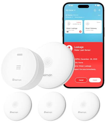 Heiman Détecteur de Fuite d'eau Intelligent avec Passerelle (Hub), HS2WL-R | Alerte App, Batterie 10 Ans, IP67 Étanche, Capteur WiFi pour Cave & Cuisine, Kit de Surveillance (2,4GHz uniquement)