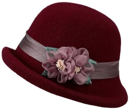 Sombrero de fieltro de lana para mujer, estilo vintage de los años 20, con diseño de flores, vestido floral para la iglesia, Rojo vino, Talla única