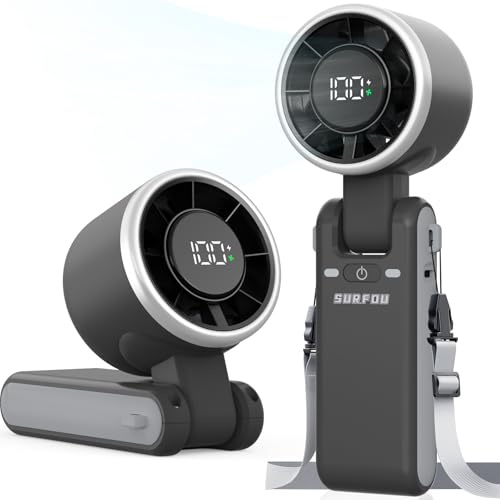 SURFOU Handfläkt 4 000 mAh batteri, bärbar mini turbo fläkt med 5 steg, LED-skärm, 3-i-1 vikbar, USB-uppladdning, kraftfull för kontor, resor och utomhus, svart