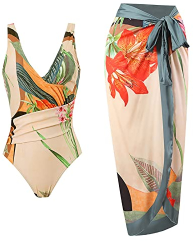 TURWXGSO Women Swimming Costume Tummy Control One Piece Swimsuit with Matching Sarong Cover Ups Boho Floral Printed Monokini Swimwear V Neck Bathing Suits for Beach Vacation UK