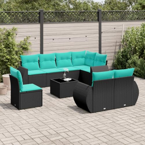 sephironlbb Set di divani da giardino in polyrattan nero, 9 pezzi, con gruppo di sedute, mobili modulari, in rattan resistente alle intemperie, con cuscino, adatto per terrazza, balcone, esterno e