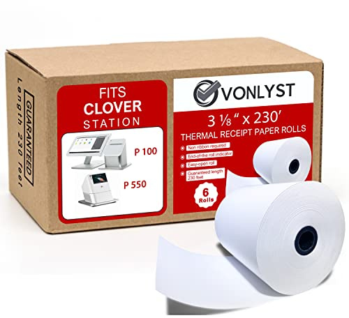 Vonlyst Clover Station Receipt Paper Rolls 3 1/8 x 230' (06 Pack) – Thermal Paper for Clover Station & Duo C505, Compatible P100 P500 P550 – BPA Free POS Printer Paper