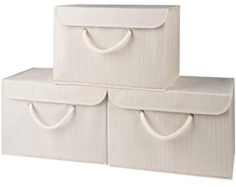 Beige Fabric Storage Boxes with lids. Stackable and Foldable. For wardrobes, shelves, clothes, bedroom, office, cupboard, keepsake memory box, crafts, toys, shoes, socks. Rope Handle 3pk 37x25x25cm
