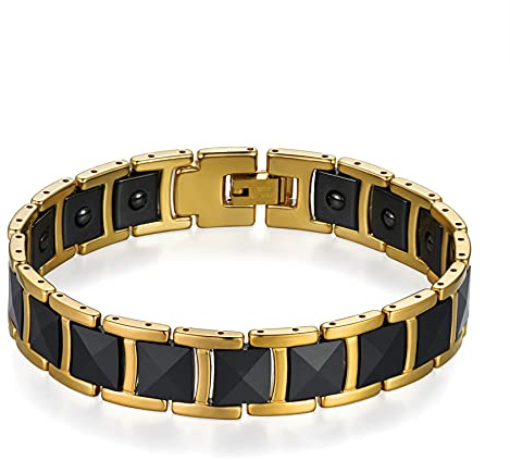 Flongo herrarmband keramik länkarmband porslin rostfritt stål magnetarmband premium herrsmycken smycken vänster bred present för män svart silver vit, 21 cm, Rostfritt stål
