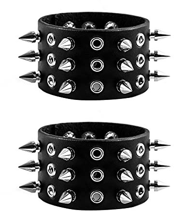 Eigso 2 Stück Punk Leder Nietenarmbänder für Männer Frauen Unisex Retro Classic Nieten Herren Lederarmbänder für Frau