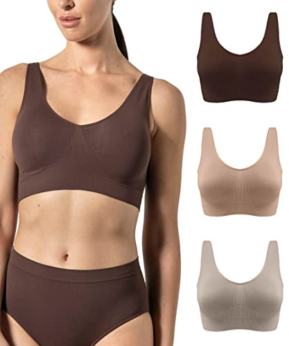 Risalti 3 pièces haut femme large épaule,multipack soutien-gorge femme élastique brassiere en microfibre, sans couture, soutien-gorge sans armatures,Fabriqué en Italie, Chocolat-naturel-poudre, L/XL
