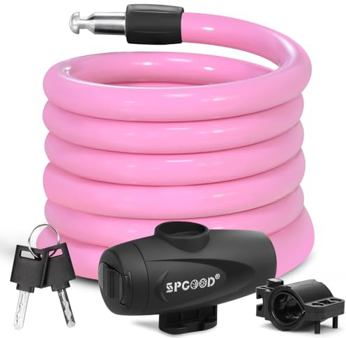 SPGOOD Cerradura de bicicleta 120cm / 12mm, cerradura de cable de bicicleta espiral antirrobo, con dos llaves, adecuada para bicicletas, triciclos, motocicletas, scooters, cochecitos de bebé(Rosa)