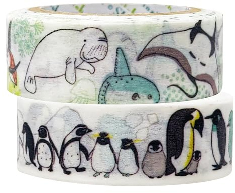 シール堂 Sealdo Ks-mt-12077 Masking Tape, Made in Japan, Shinzi Katoh Water Endangered Species, Penguins, Animals, 0.6 inches (15 mm) Wide, 2.6 ft (7 m) Rolls, Set of 2