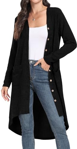 GRECERELLE Cardigan Femme Long Cardigan Élégant Fin Côté Manches Longues avec Boutons et Poches (Noir, L)