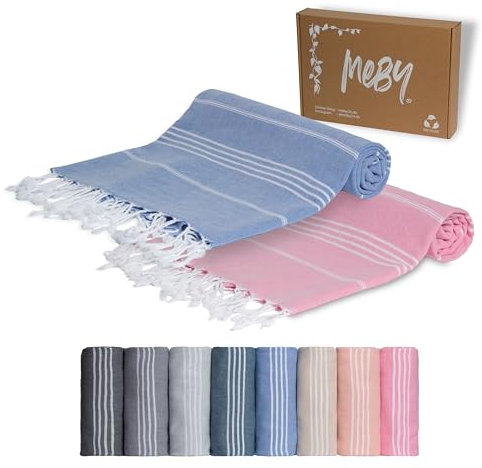 MEBY 2er Set XXL-Saunatücher (100x200 cm). Strandtuch, Badetuch, Türkisches Hamamtuch, Handtuch. 100% Baumwolle (Rosa & Blau)