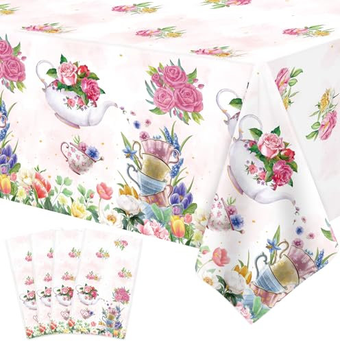 4 Pack Tea Party Decoration Floral Tablecloth - 86” x 51” Rectangle Spring Disposable Tea Party Table Cover for Baby Shower & Birthday Decorations
