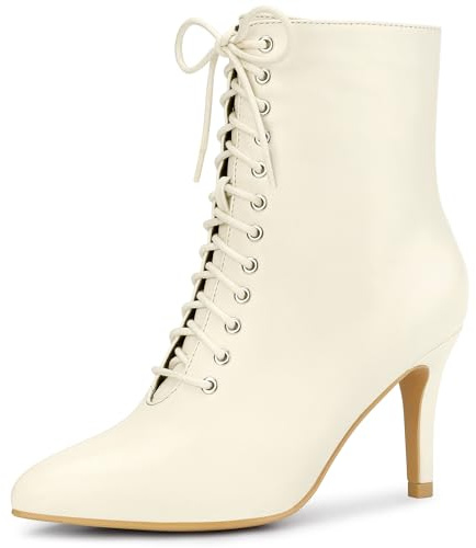 Allegra K Women's Lace Up Pointed Toe Stiletto Heels Ankle Boots Cream 5 UK/Label Size 7 US