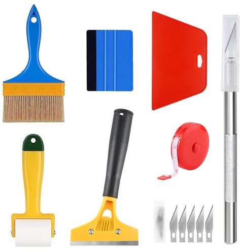 Chingcoo Tapezierwerkzeug, Tapeten Werkzeuge, Tapeten Glättungswerkzeug Set mit Tapezierbürste, Rakelglätter, Nahtroller, Maßband, Tapezierset für Fensterfolie, Tapeten Vliestapete kleister