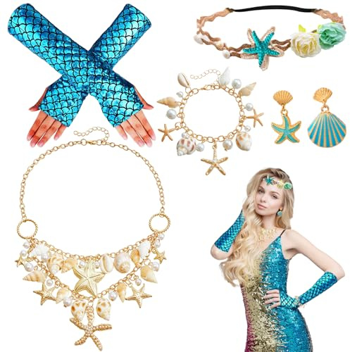 Sjöjungfru kostym set för kvinnor, dykdräkt med fjäll, handskar, hårband, halsband, sjöstjärna armband och örhängen för karneval