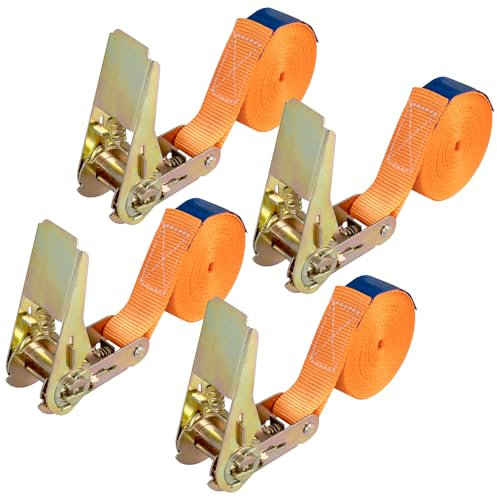 Lot de 4 Sangles d'arrimage à cliquet de 4 m - Robustes - avec cliquet - pour Transport de matériel, Moto, vélos, déménagement, Colis de Bagages, Camping (Orange)