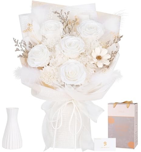 Preserved Bouquet of Flowers - 5 Roses & Flowers for Delivery, Real White Forever Flower, Eternal Roses Bouquet, Mothers Day Gifts for Mom Grandma Wife, Anniversary Birthday Gifts for Women