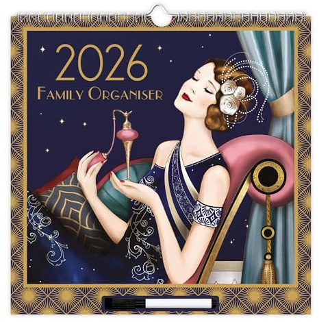 Claire Coxon - Calendario familiar de pared 2026, planificador mensual grande con 5 columnas, bolígrafo, superposición fácil de limpiar, listas de compras y tareas pendientes, diseño Art Deco