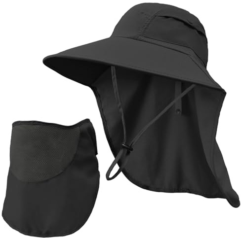 Rosoz Chapeau de pêcheur UPF 50+ Safari Vêtement pour homme avec couvre-visage amovible Large bord Chapeau de randonnée pour femme et homme, Noir , 62-64