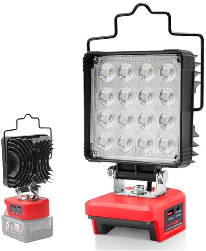 Powarobor LED-Arbetslampa 48W Kompatibel med Milwaukee M18 18V Batterier | 5800LM arbetsplatslampa med lågspänningsskydd, USB- och Type-C-portar; utan batteri