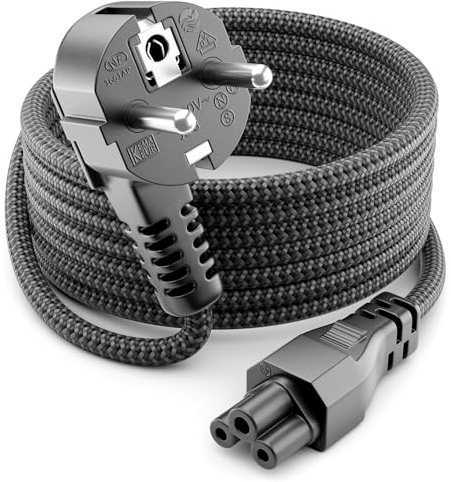 deleyCON 1m Cavo di Alimentazione Elettrico Tipo F a C5 (Nylon) con Connettore Angolato 90 Gradi a Contatto di Protezione su Presa Trifoglio 2,5A per Laptop Notebook Alimentatore TV Monitor - Grigio