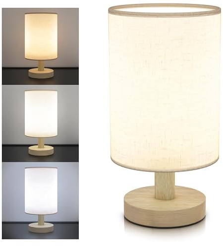 CSL – LED Tischlampe mit Kabel – 3 Lichtmodi – USB-Kabel – rund – Stoffschirm – minimaler Verbrauch – beige - Nachtlicht Nachttischlampe