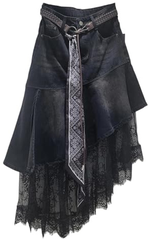 QOUERUUE Kvinnor Högmidjad Jeanskjol Patchwork Spets Oregelbunden Fåll Lång Jeanskjol med Bälte,Black,S