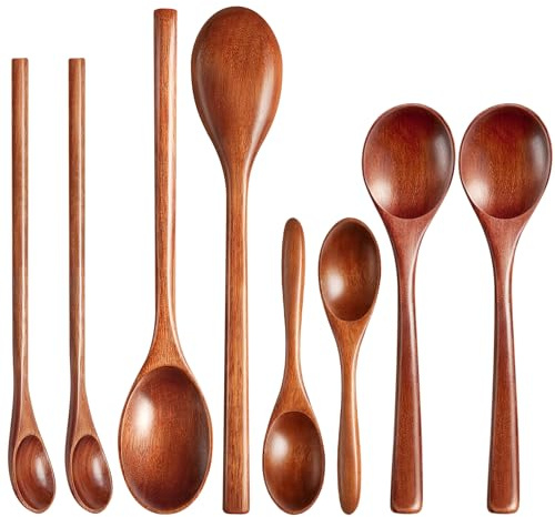 8Pcs Small Wooden Spoons for Eating, Wood Honey Spoon for Tea, Coffee&Soup, Little Tiny Wooden Serving Spoons Set for Cooking Mixing Stirring, 4 Sizes(9.3’’, 7.9’’, 7.1’’, 5.5’’)