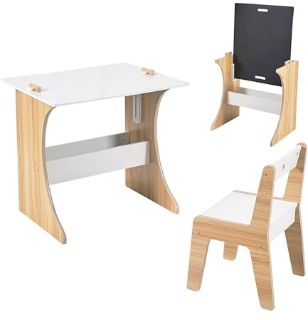 Relaxdays Conjunto Mesa y Silla Infantil con Pizarra, 56x60x50 cm, Blanco/Natural para niños