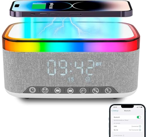 Facarler Lampada di ricarica wireless, sveglia con caricatore a induzione, altoparlante Bluetooth con illuminazione ambientale sincronizzata con la musica, per camera da letto/campeggio/decorazione
