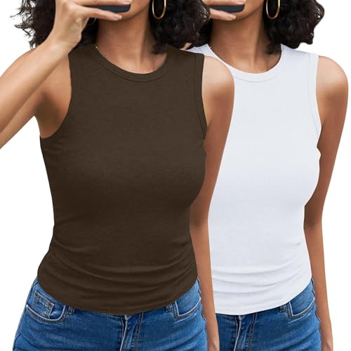Aottori Pack 2 Camiseta de Tirantes Mujer Acanalado Elástico Cuello Redondo | Corte Ajustado, Estilo Casual, para Verano, Acabado Liso, para Uso Casual, para Primavera Verano