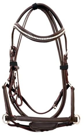 THKtack Leather Bitless Bridle Full Size | Hackamore Bridle | Diamond Chain Browband | Drum Dyed Harness | Soft Cow Leather Lining | Rubber Grip Reins & Hook Studs | Stainless Steel Hardware (BROWN)
