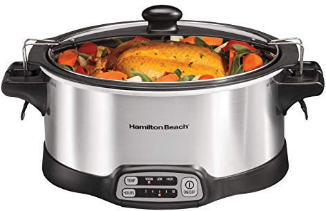 Hamilton Beach Programmable Slow Cooker with 6 Quart Stovetop-Safe Sear & Cook Crock & Travel Lid Lock for Portable Transport, Silver (33663)