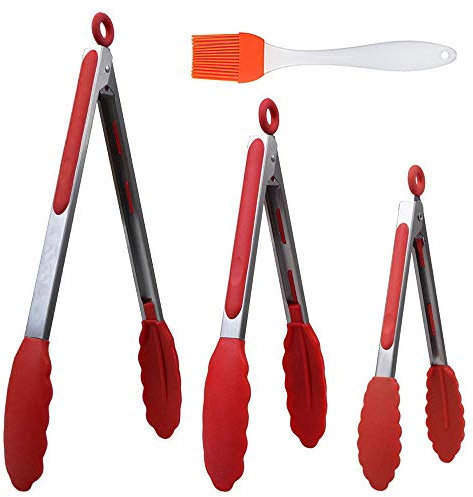 HENSHOW Rot Zange Küche Set 3, 7 ”, 9” und 12 ”Premium 18/8 (304) Edelstahl Grill Zange, Antihaft-und Hitzebeständiger Griff, Grillzange Silikon zum Kochen, Servieren, Grillen, Buffet, Salat,Eis Ofen