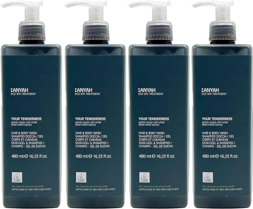 Anyah - Champú - Gel de Ducha - 4x480ml - Recargable - Fórmula Diaria Todo en Uno con Extracto de Lamio Blanco - Champú para Cabello - Jabón de Ducha - Fabricado en Italia